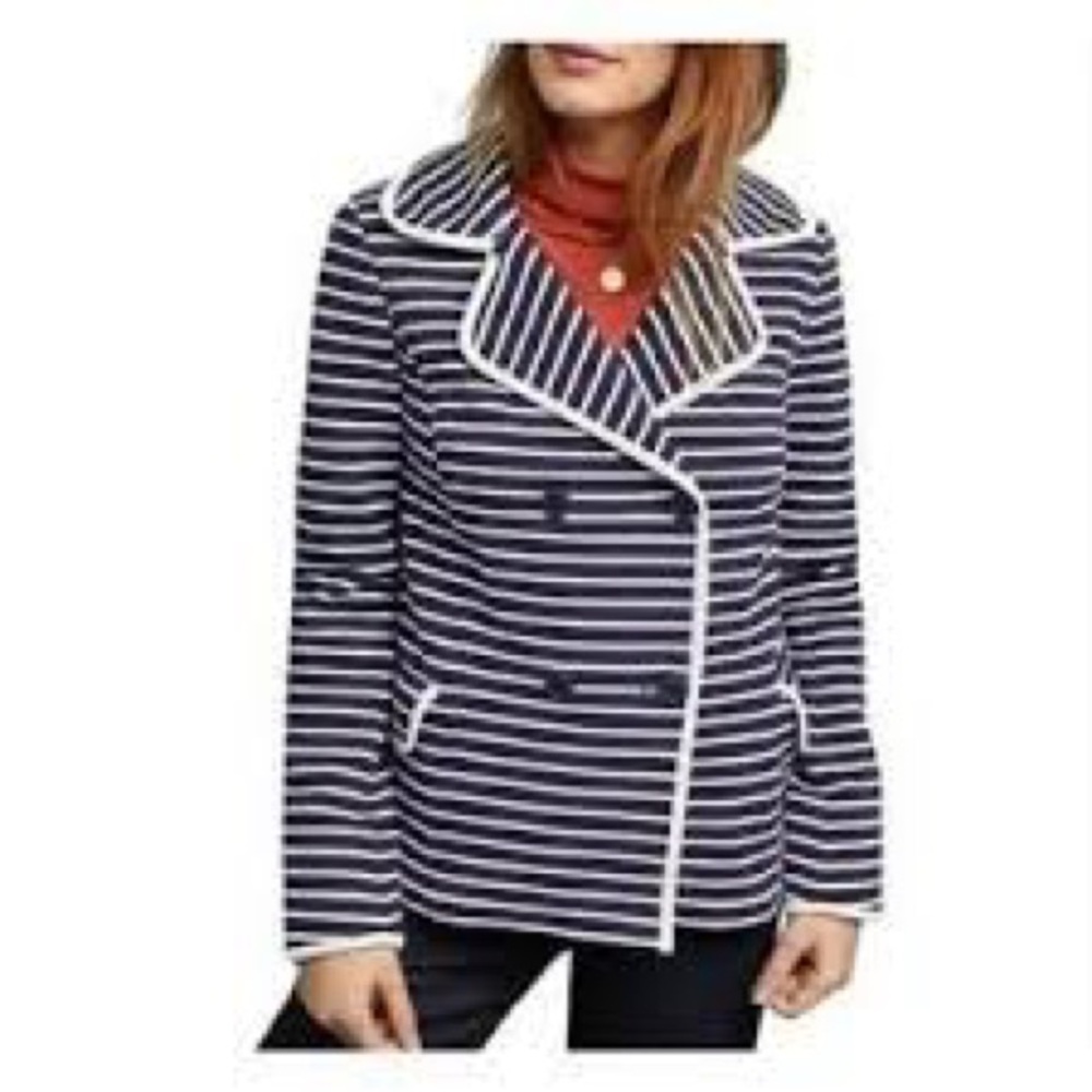 Anthropologie Stephanie Peacoat Navy & White Striped Double Button Blazer Jacket - Picture 2 of 11